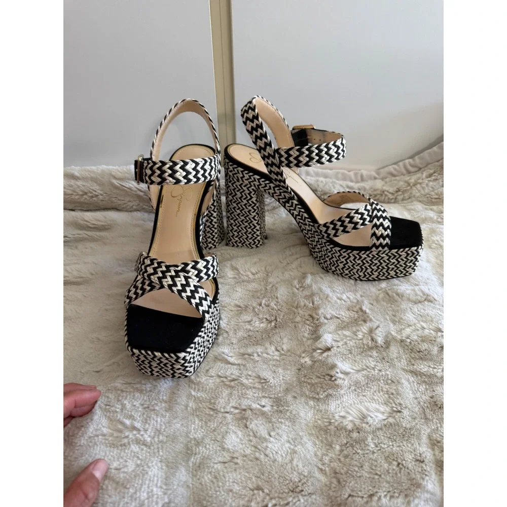 Jessica Simpson Woven Chevron Platform Sandals Black White Block Heel Square Toe